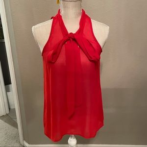 Red, sleeveless, sheer, tie PJK blouse
